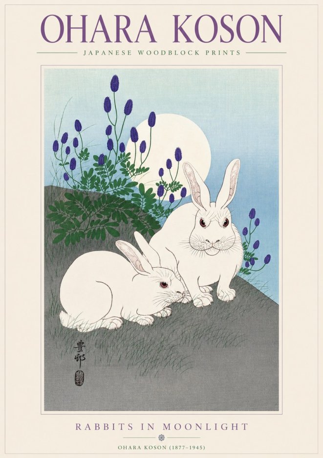 Ohara Koson Rabbits in Moonlight No3 - Juliste