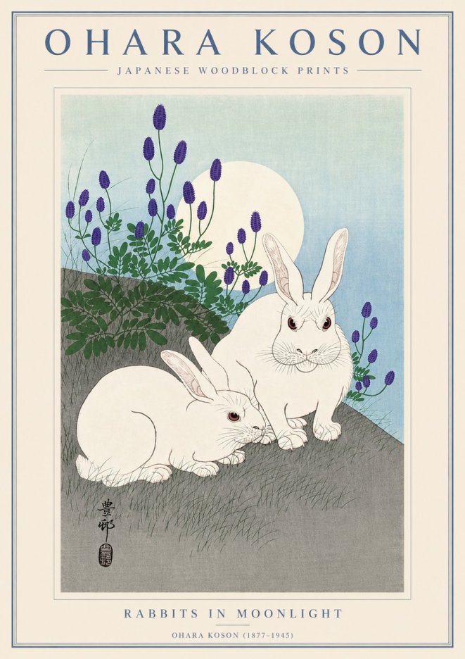 Ohara Koson Rabbits in Moonlight No4 - Juliste