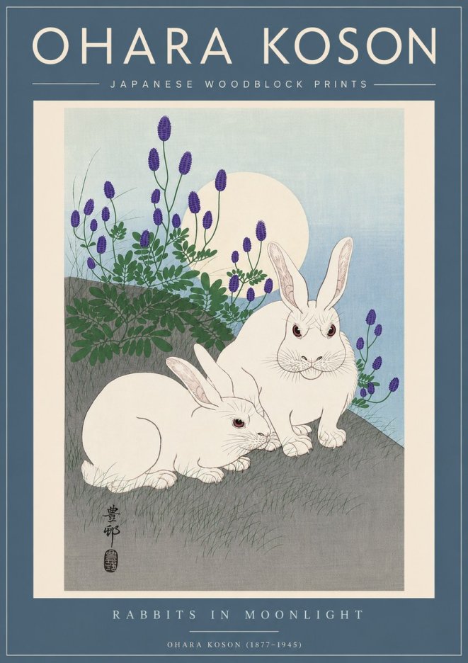 Ohara Koson Rabbits in Moonlight No5 - Juliste