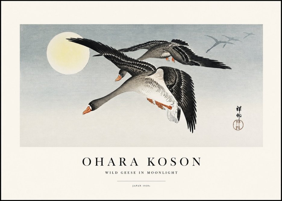 Ohara Koson Wild Geese in Moonlight III No1 - Juliste