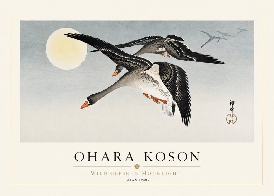 Ohara Koson Wild Geese in Moonlight III No3 - Juliste