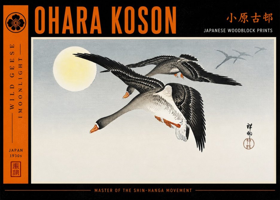 Ohara Koson Wild Geese in Moonlight III No6 - Juliste