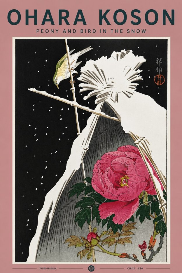 Ohara Koson Peony and Bird in the Snow No5 - Juliste