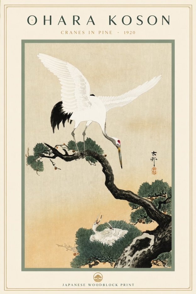 Ohara Koson Cranes in Pine No3 - Juliste