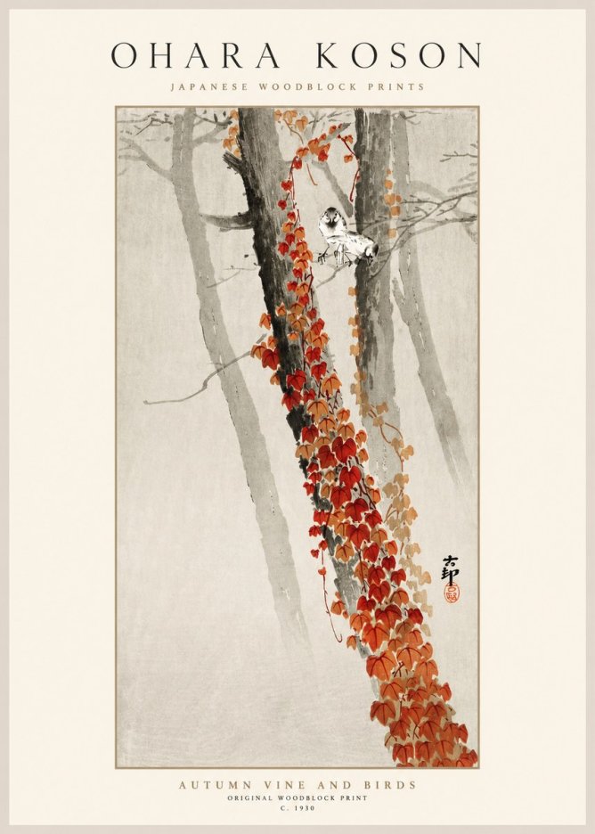 Ohara Koson Autumn Vine and Birds No1 - Juliste