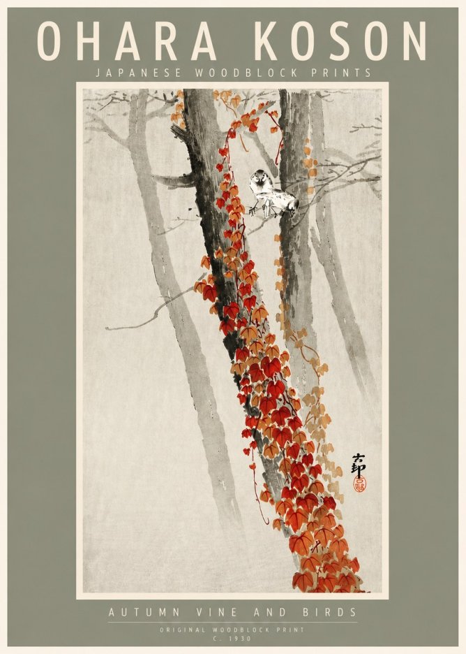 Ohara Koson Autumn Vine and Birds No2 - Juliste