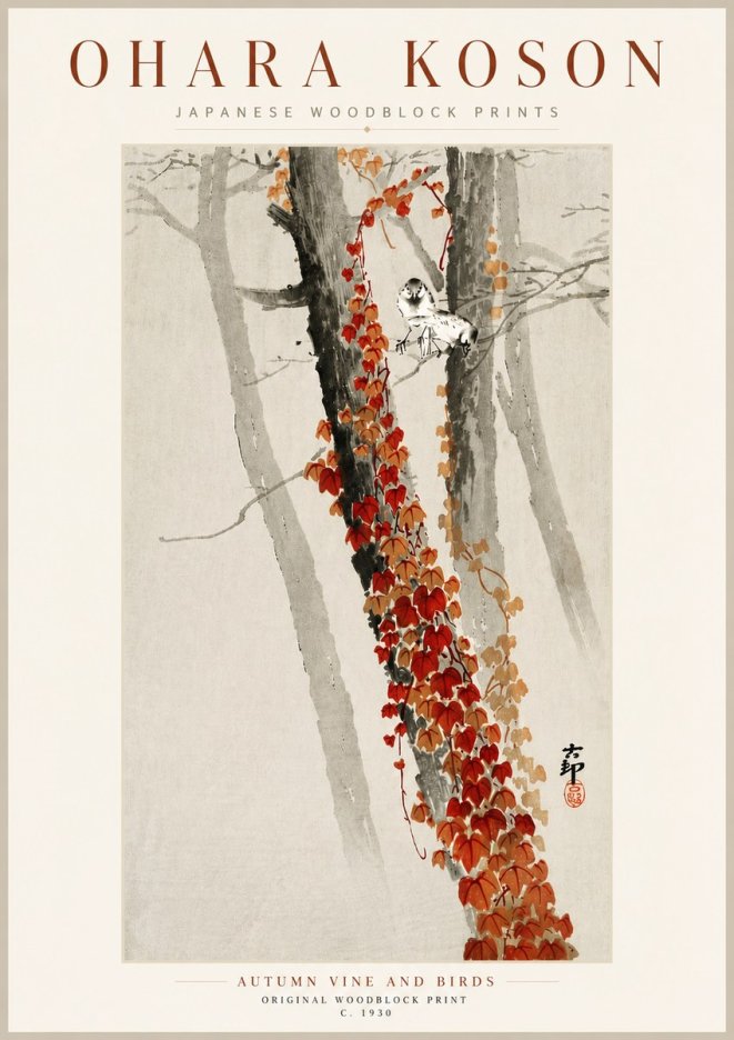Ohara Koson Autumn Vine and Birds No5 - Juliste