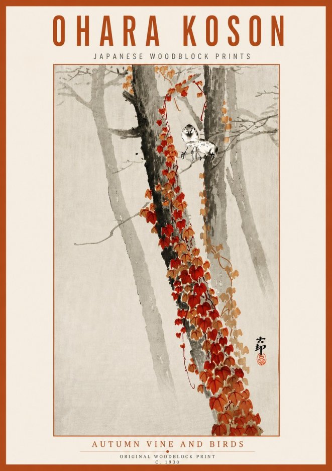 Ohara Koson Autumn Vine and Birds No6 - Juliste