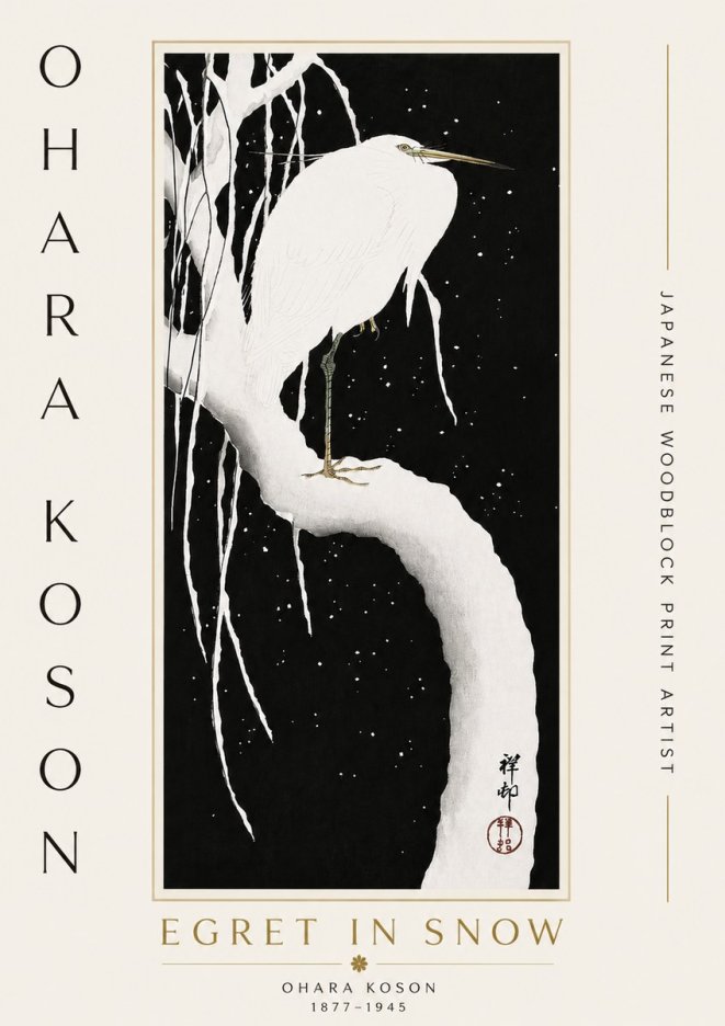 Ohara Koson Egret in Snow No5 - Juliste