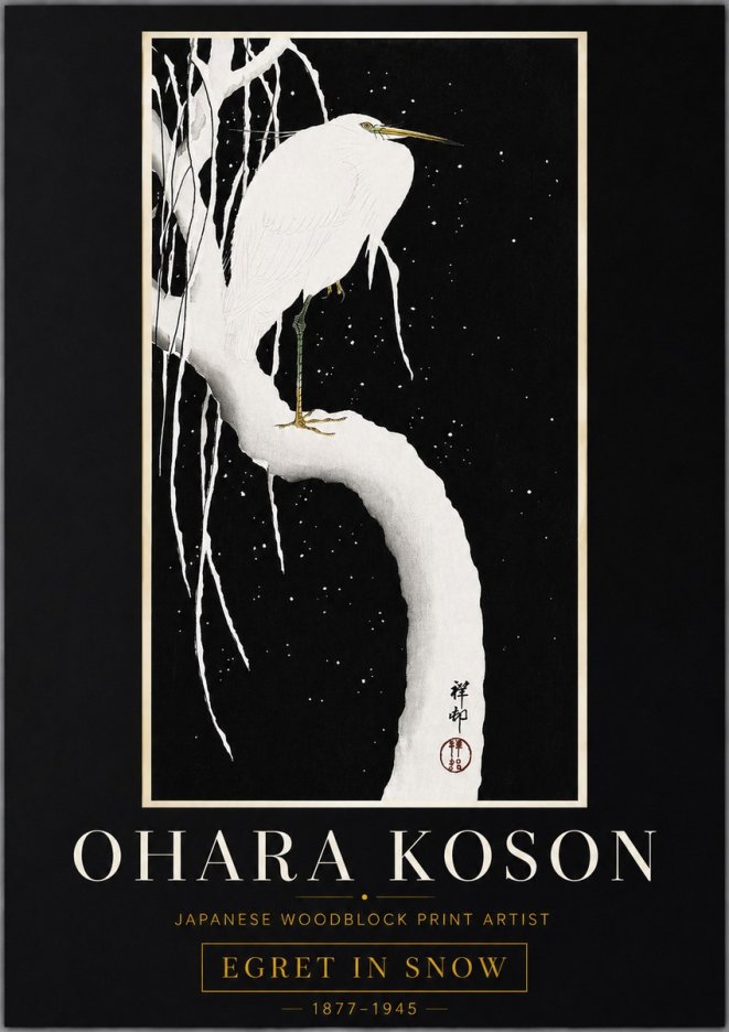 Ohara Koson Egret in Snow No6 - Juliste