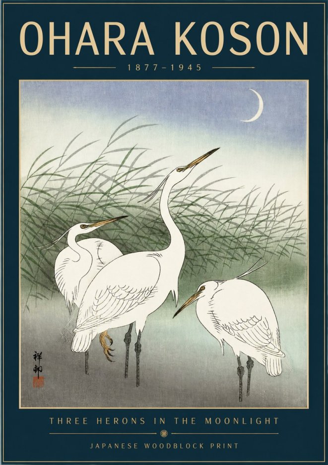 Ohara Koson Three Herons in the Moonlight No2 - Juliste