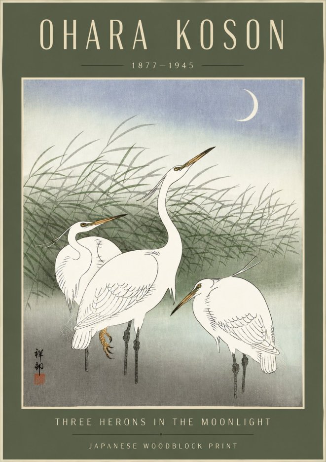 Ohara Koson Three Herons in the Moonlight No4 - Juliste