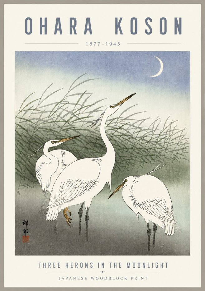 Ohara Koson Three Herons in the Moonlight No5 - Juliste