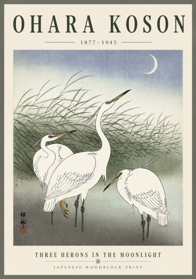 Ohara Koson Three Herons in the Moonlight No6 - Juliste