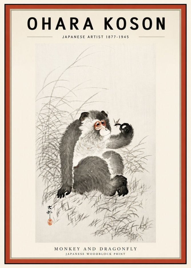 Ohara Koson Monkey and Dragonfly No3 - Juliste