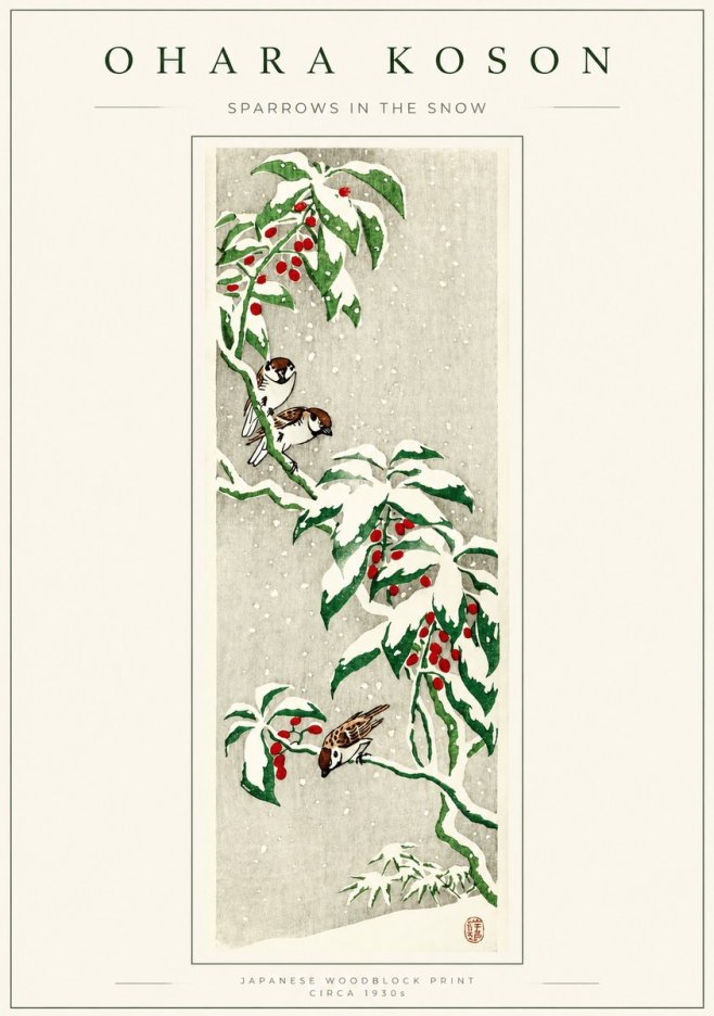 Ohara Koson Sparrows in the Snow No1 - Juliste