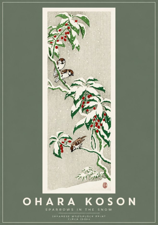 Ohara Koson Sparrows in the Snow No2 - Juliste
