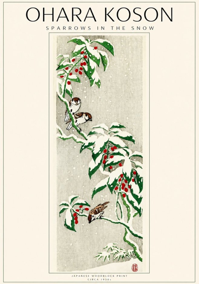 Ohara Koson Sparrows in the Snow No3 - Juliste