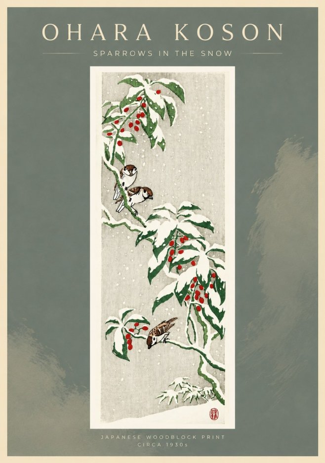 Ohara Koson Sparrows in the Snow No4 - Juliste