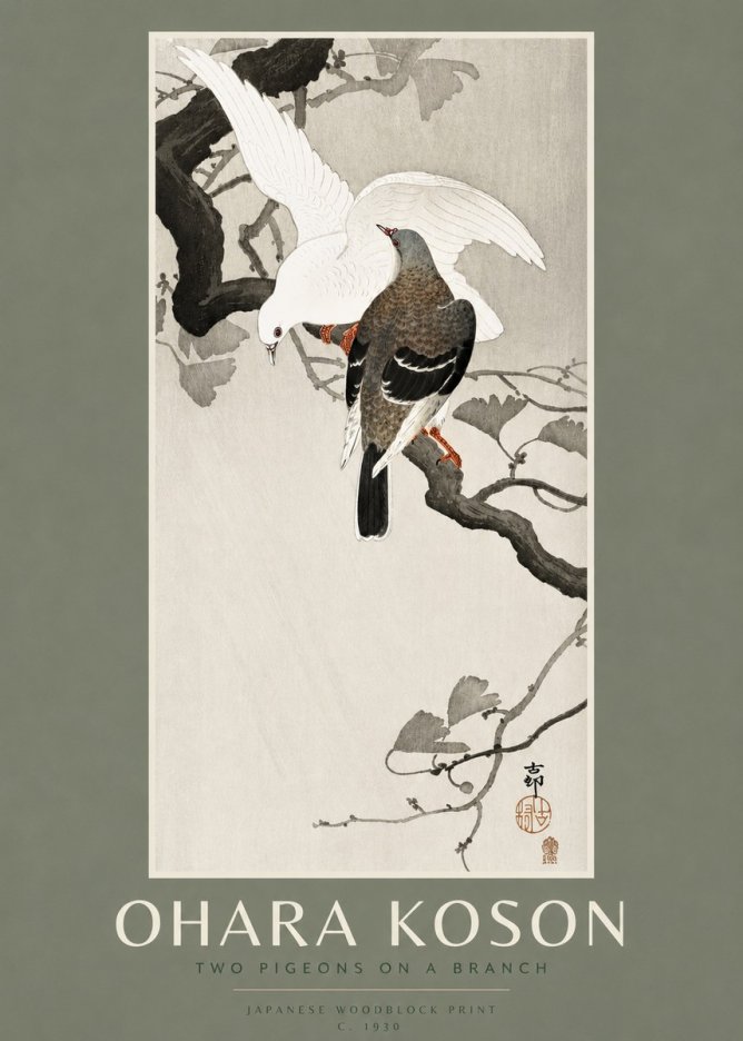 Ohara Koson Two Pigeons on a Branch No2 - Juliste