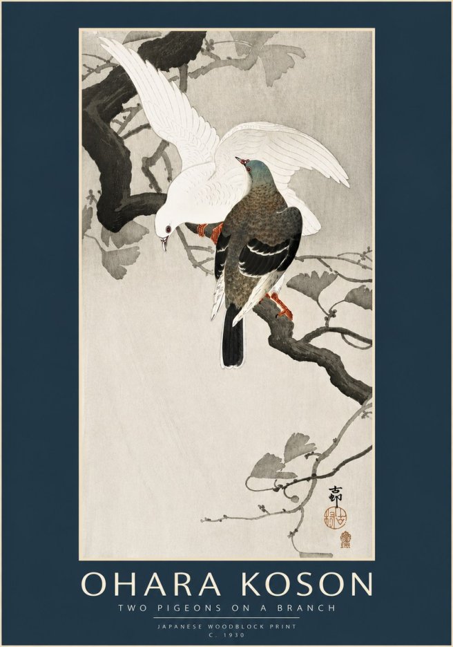 Ohara Koson Two Pigeons on a Branch No3 - Juliste
