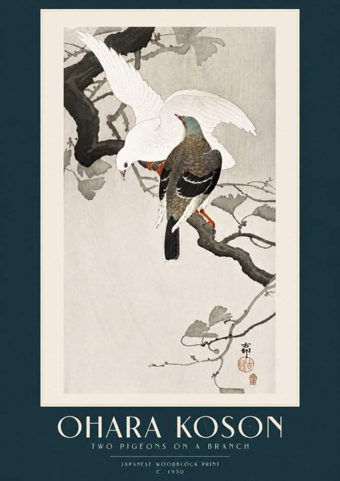Ohara Koson Two Pigeons on a Branch No5 - Juliste