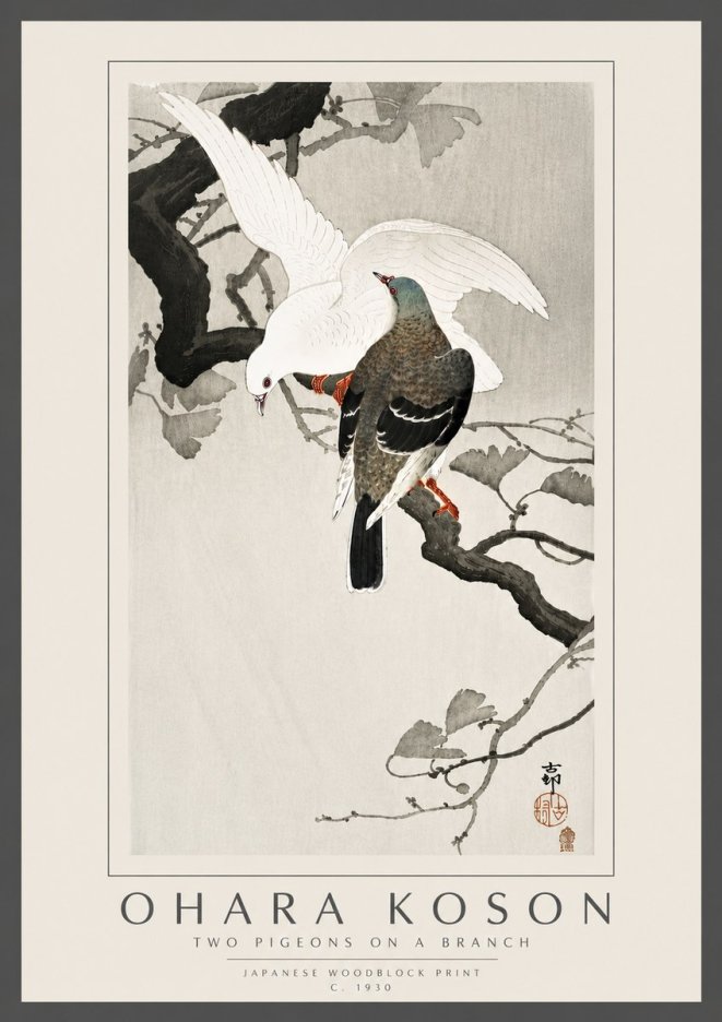 Ohara Koson Two Pigeons on a Branch No6 - Juliste