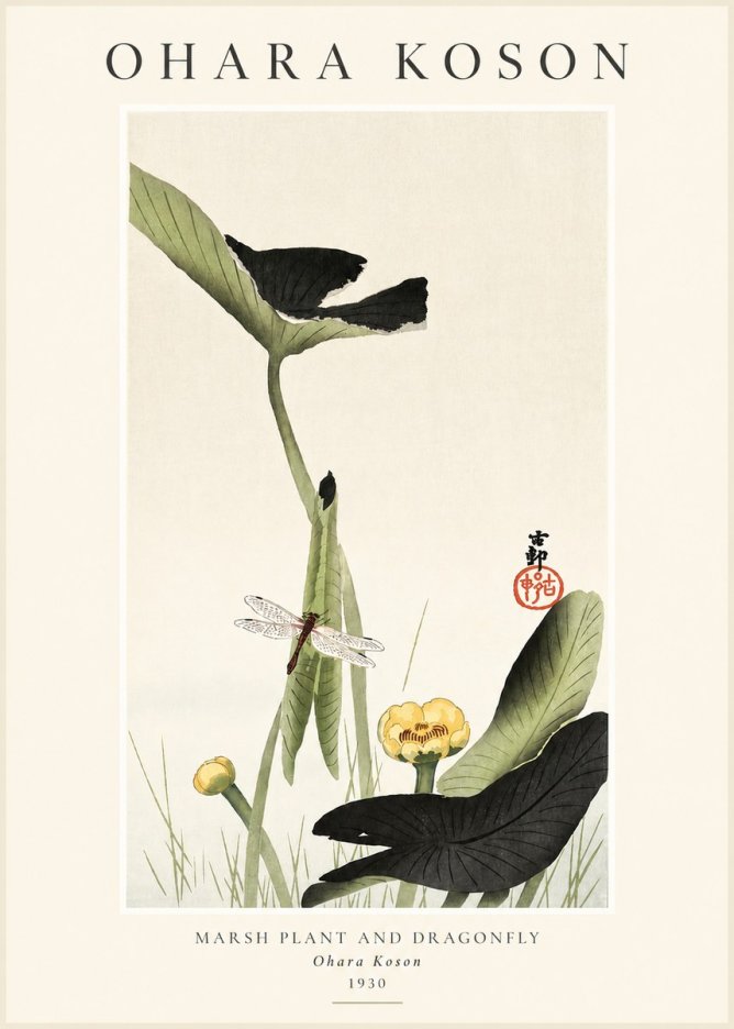 Ohara Koson Marsh Plant and Dragonfly No3 - Juliste