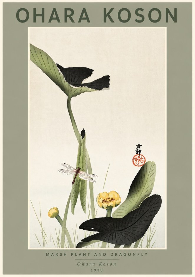 Ohara Koson Marsh Plant and Dragonfly No4 - Juliste