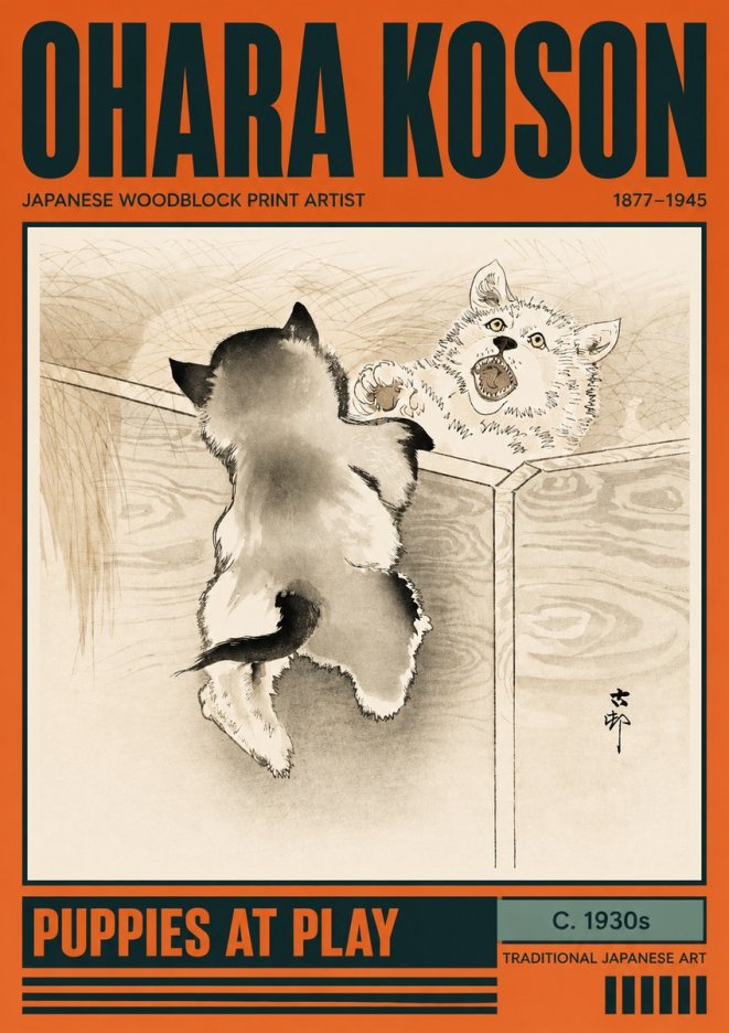 Ohara Koson Puppies at Play No2 - Juliste