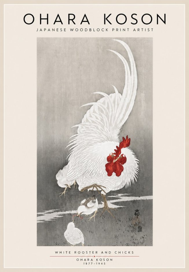 Ohara Koson White Rooster and Chicks No3 - Juliste