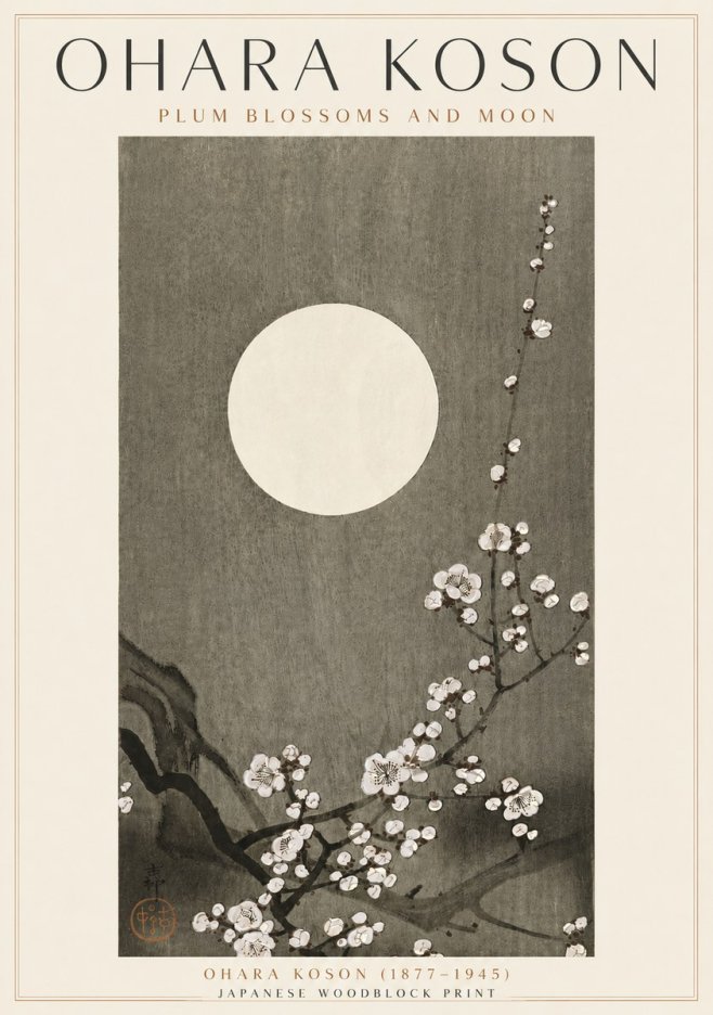 Ohara Koson Plum Blossoms and Moon No4 - Juliste