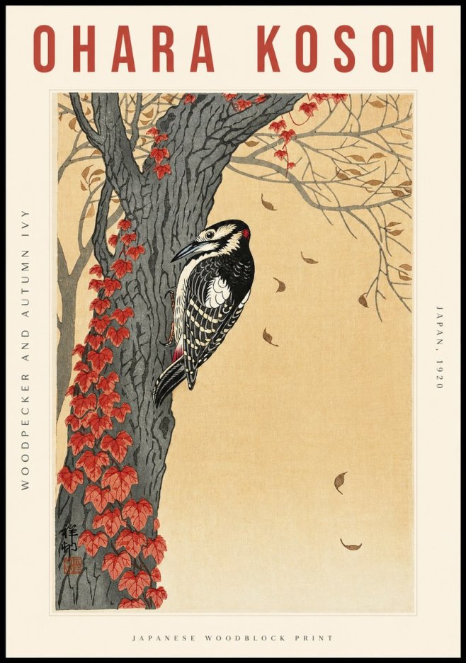 Ohara Koson Woodpecker and Autumn Ivy No2 - Juliste