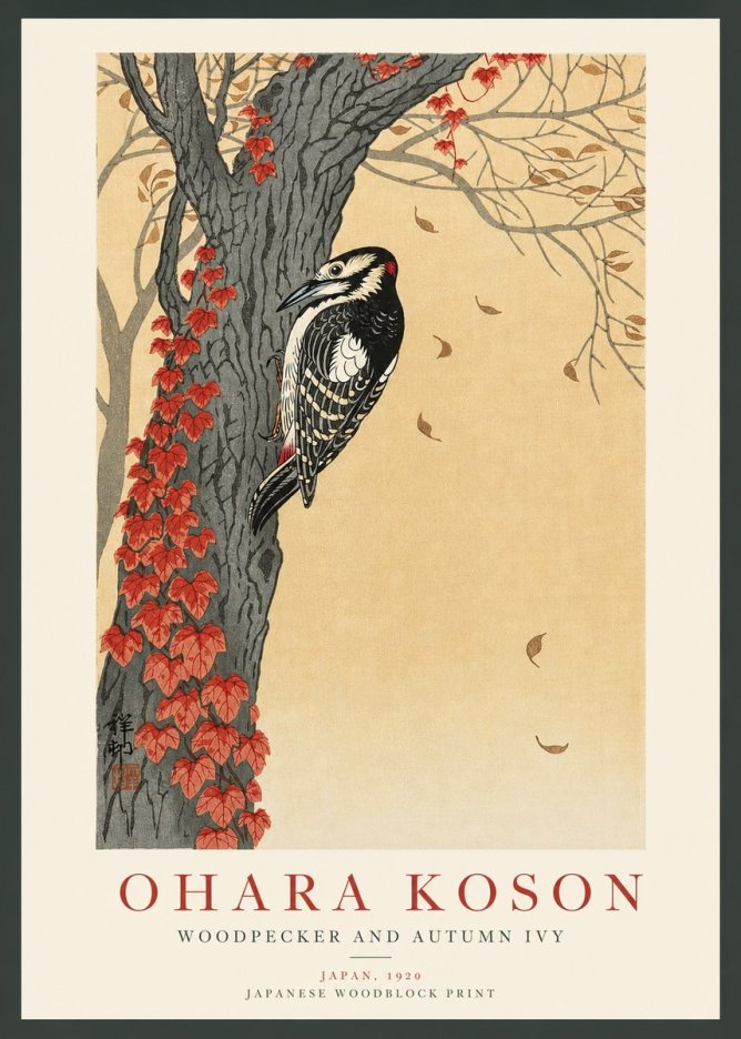 Ohara Koson Woodpecker and Autumn Ivy No3 - Juliste