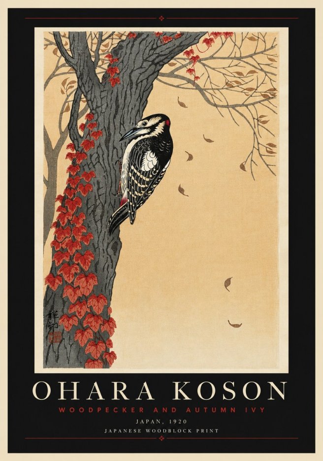 Ohara Koson Woodpecker and Autumn Ivy No6 - Juliste