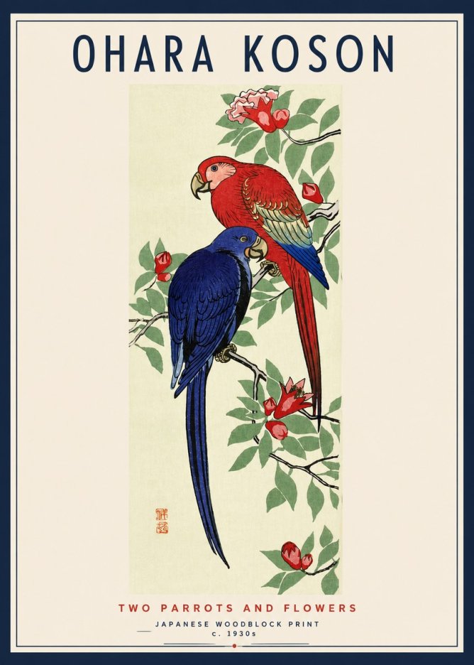 Ohara Koson Two Parrots and Flowers No3 - Juliste