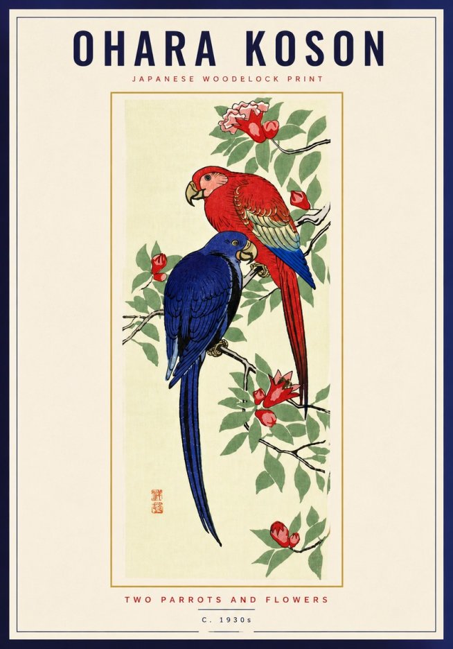 Ohara Koson Two Parrots and Flowers No6 - Juliste