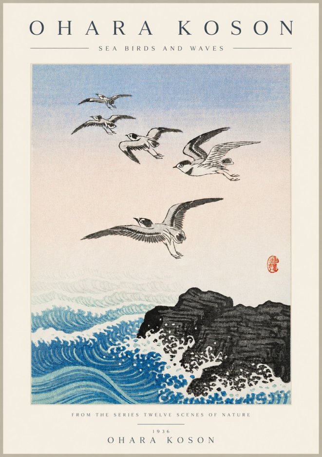 Ohara Koson Sea Birds and Waves No3 - Juliste