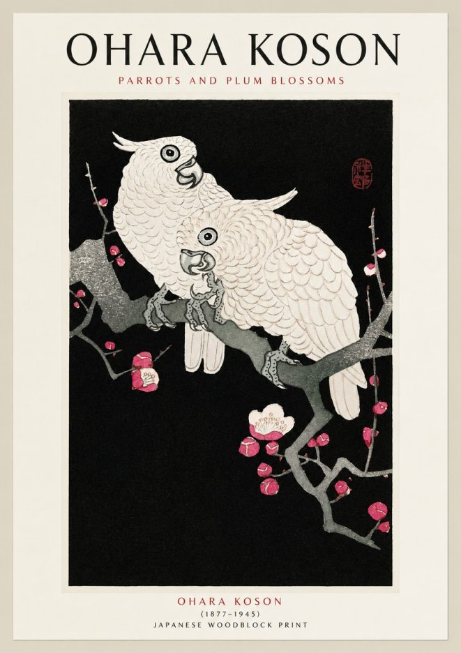 Ohara Koson Parrots and Plum Blossoms No1 - Juliste