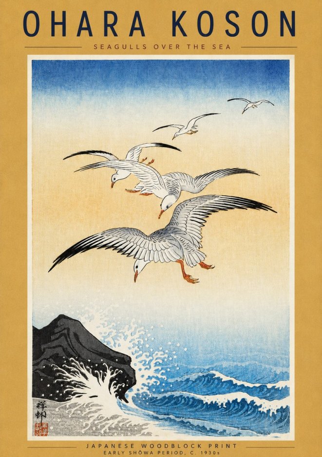 Ohara Koson Seagulls over the Sea No4 - Juliste