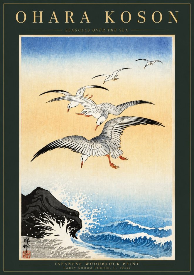 Ohara Koson Seagulls over the Sea No5 - Juliste