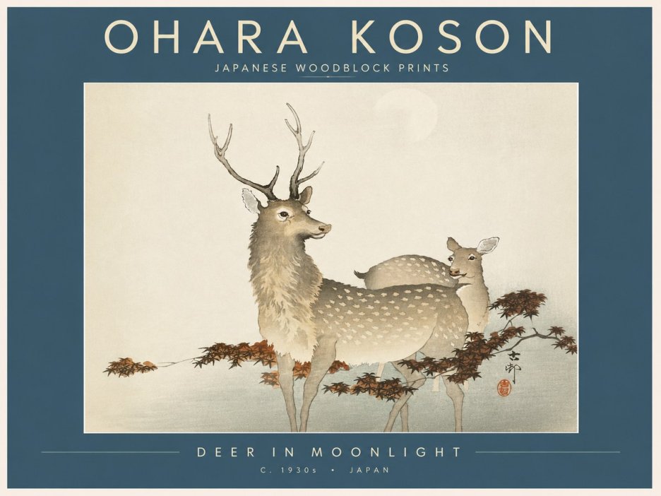 Ohara Koson Deer in Moonlight No2 - Juliste
