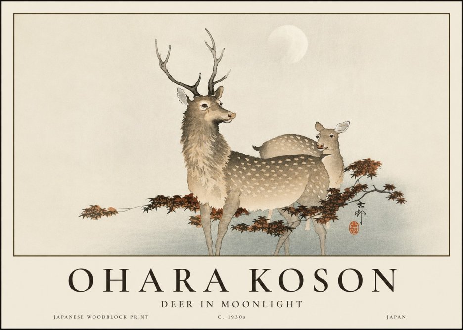 Ohara Koson Deer in Moonlight No3 - Juliste