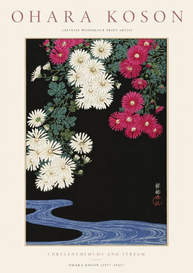 Ohara Koson Chrysanthemums and Stream No1 - Juliste