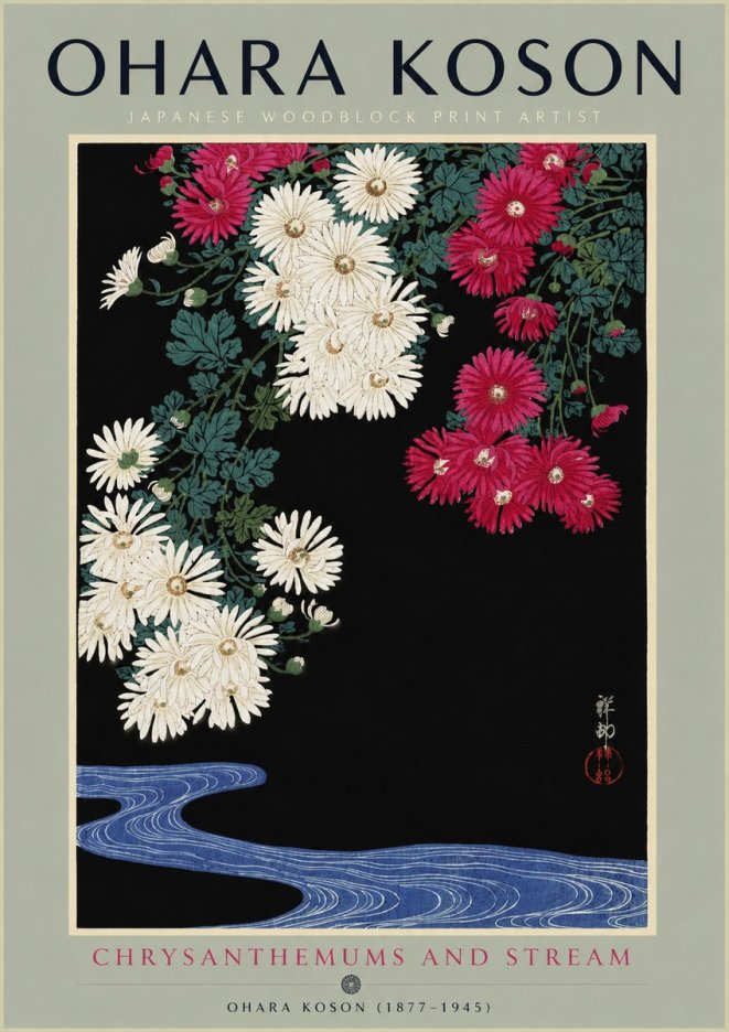 Ohara Koson Chrysanthemums and Stream No4 - Juliste