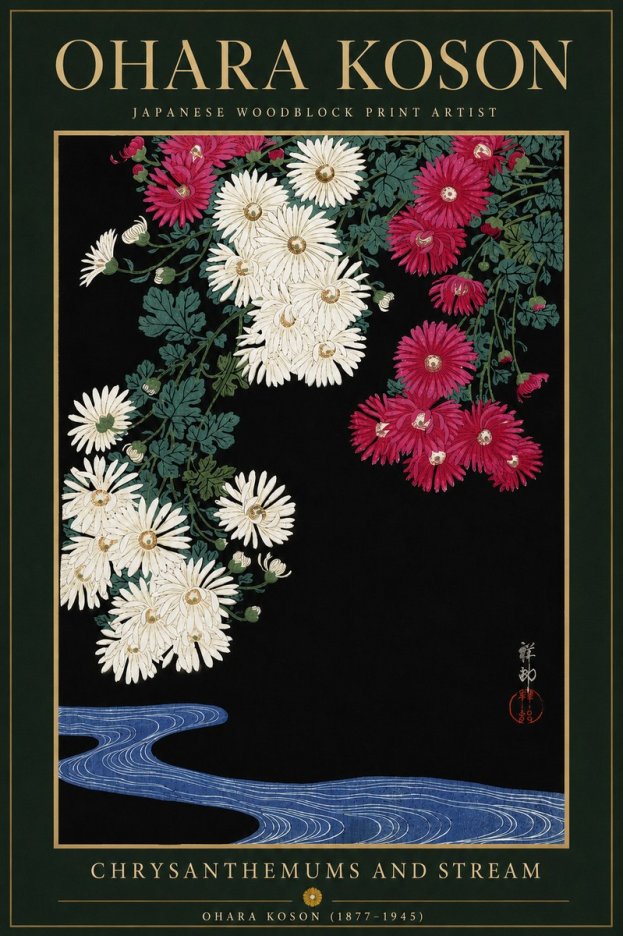 Ohara Koson Chrysanthemums and Stream No6 - Juliste