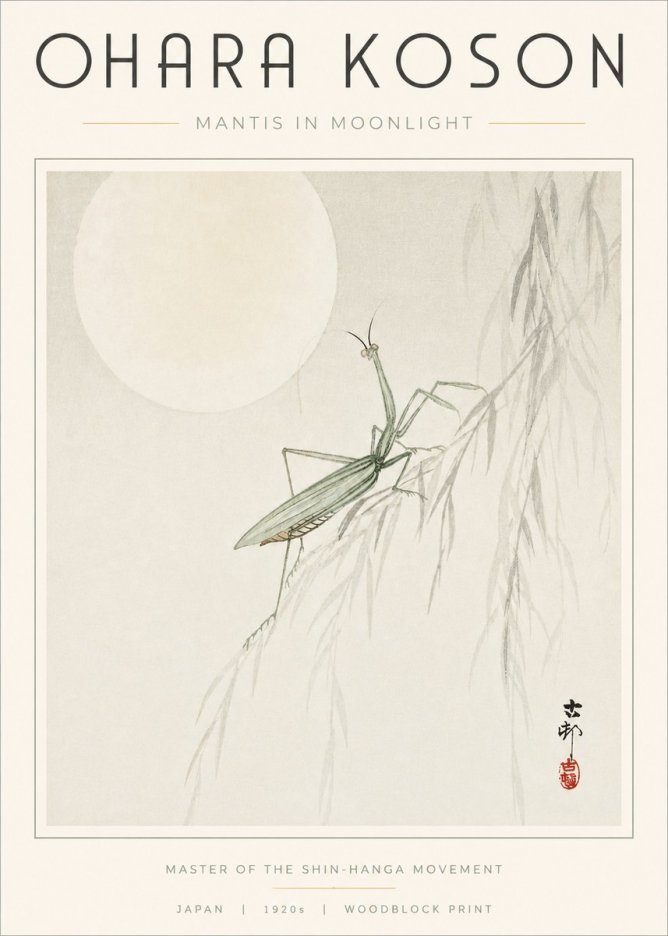 Ohara Koson Mantis in Moonlight No3 - Juliste