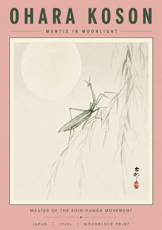 Ohara Koson Mantis in Moonlight No4 - Juliste