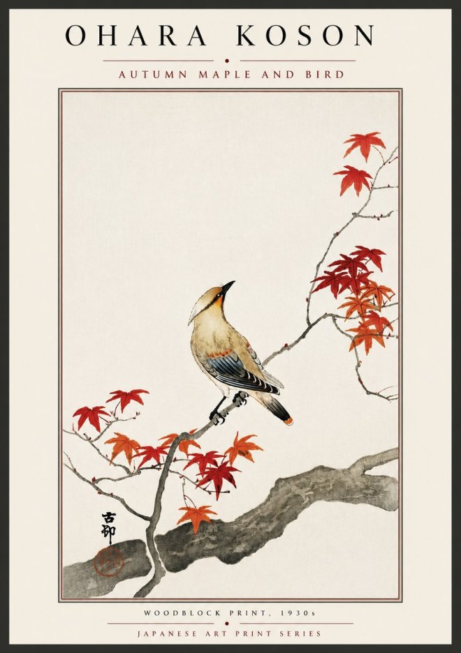 Ohara Koson Autumn Maple and Bird No6 - Juliste