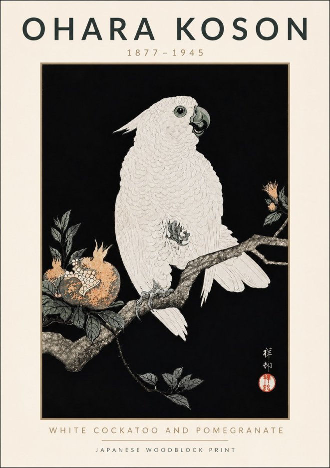 Ohara Koson White Cockatoo and Pomegranate II No4 - Juliste